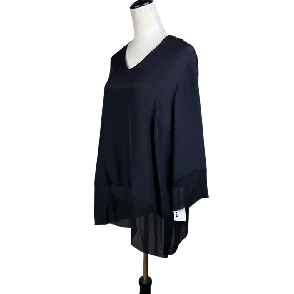 Caroline Rose NWT Solid Black 100% Silk V-neck 3/4 Sleeve Simple Tunic Blouse - Picture 2 of 12